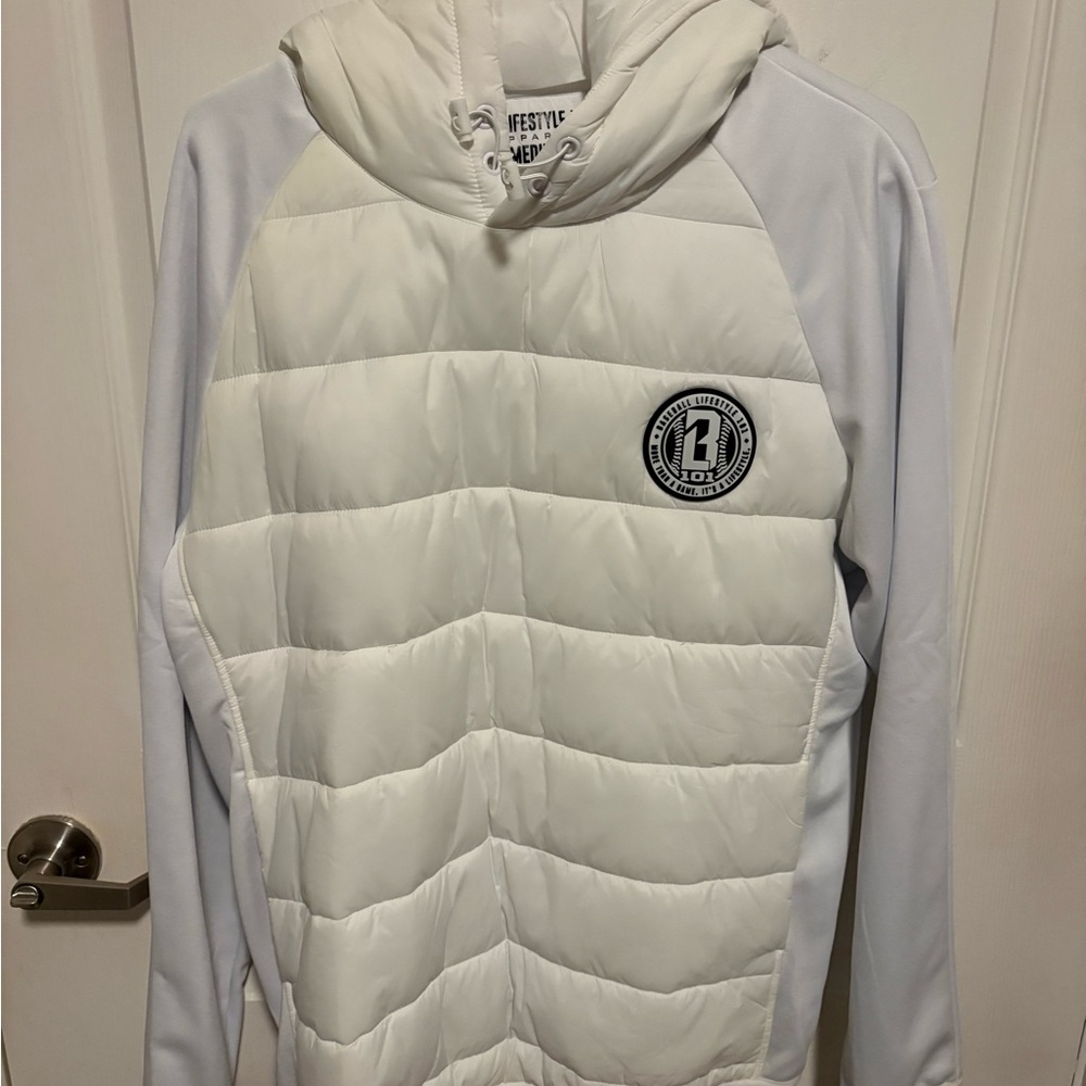 Baseball Lifestyle 101 White Puffer Jacket with Hood, NWOT, Mens